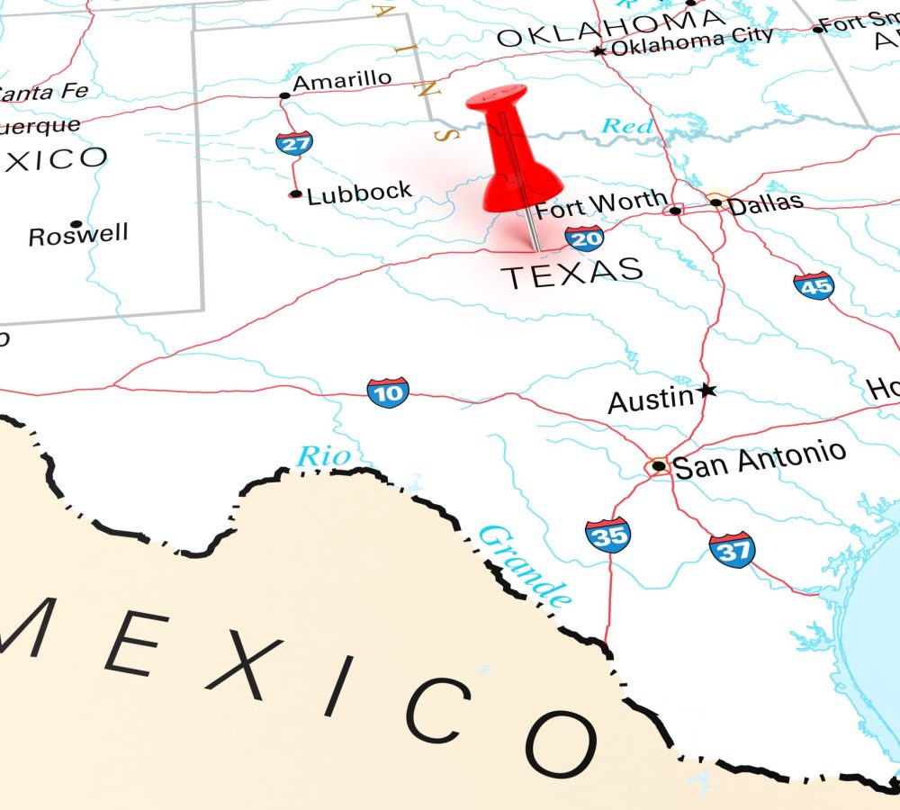 Red Thumbtack Over Texas State USA Map. 3D rendering